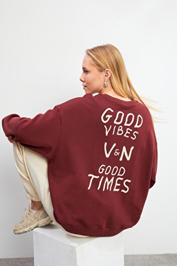 VENA Good Wibes Printed Sweatshirt-Kestane