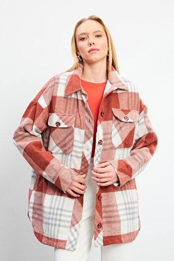VENA Women's Oversize Red-Black Plaid Shirt Jacket