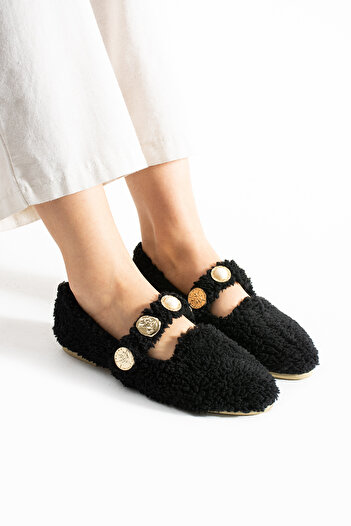 Moda Devrin Women's Black Wool Buttoned Winter Ballerina Shoes for Home and Outdoor Use