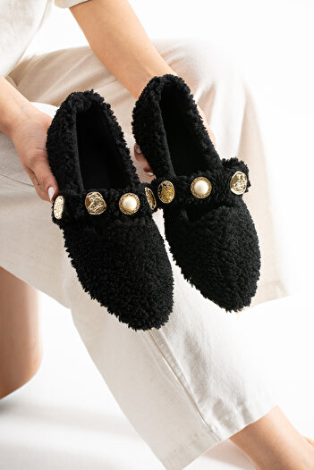 Moda Devrin Women's Black Wool Buttoned Winter Ballerina Shoes for Home and Outdoor Use