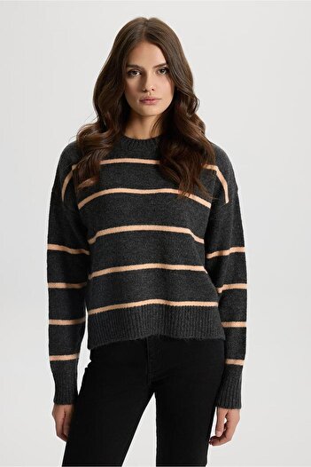 VENA Anita Crew Neck Knit Sweater-Anthracite - Orange Striped