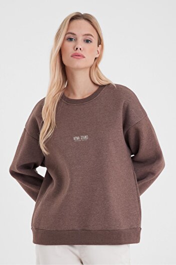 VENA Cindy Logo Printed Crew Neck Raised Sweatshirt-Brown