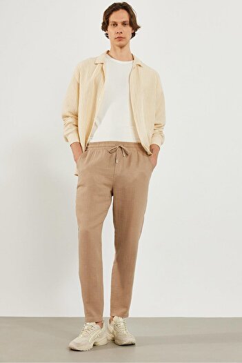VENA Elastic Waist Muslin Chino Trousers-Stone