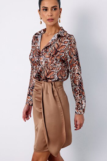 Sateen Leopar Desenli Klasik Gömlek - Taba