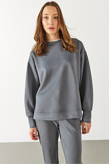 VENA Kadın Bisiklet Yaka Yanı Yırtmaçlı Yumuşak Dokulu Sweatshirt (CUPRO) - ANTRASİT