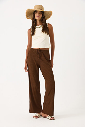 VENA Women's Wide Leg Draped Trousers with Elastic Waist - Brown