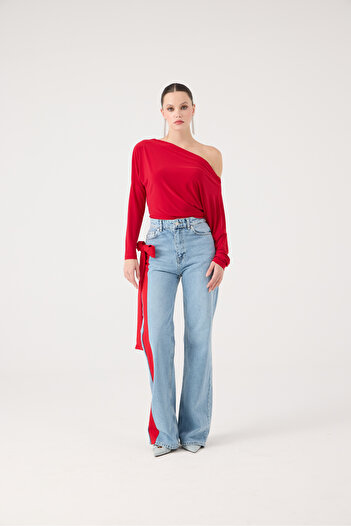 HOLLY LOLLY Yüksek Bel Kurdele Detaylı Wide Leg Kyla Jean Pantolon Mavi