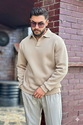 GUARAZ Men's Beige Polo Collar Cotton Soft Thick Fabric Oversize Sweatshirt