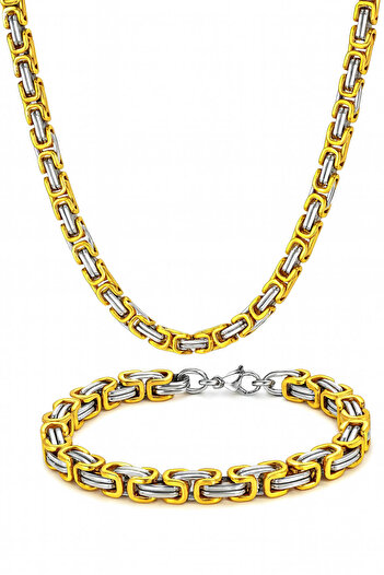 TREND COLLECTİON Erkek Gold-gümüş Çelik 5 Mm Kral Model Kolye Bileklik Set
