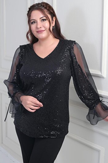 By Saygı Women's V Neck Sleeves Organza Pupsequin Plus Size Blouse