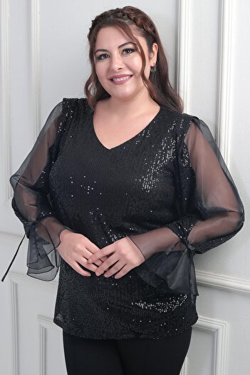 By Saygı Women's V Neck Sleeves Organza Pupsequin Plus Size Blouse