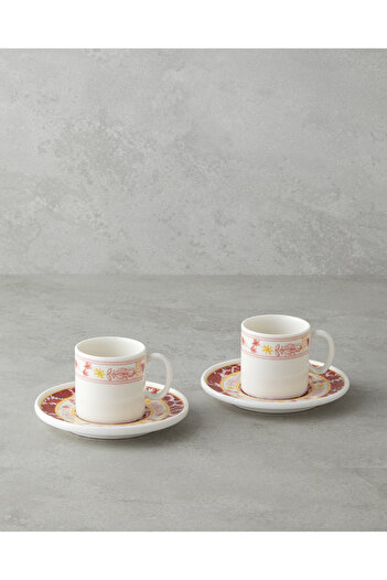 English Home Seris Bone Porcelain 4 Piece Coffee Cup Set for 2 Persons 90 ml Pink - Yellow