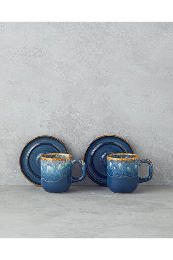 English Home Alicent Ceramic 4 Pieces Double Coffee Cup Set for 2 People 150 ml Blue