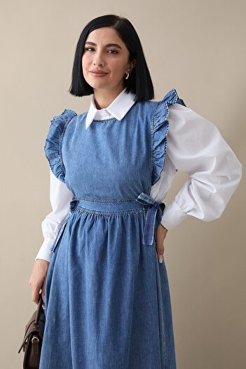 InStyle Φόρεμα Frida Blue Denim Gilet - Βολάν ώμου