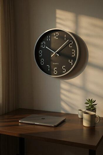 Revello Silver Black Modern Wall Clock 30X30 cm Stylish Design Digital Numbers