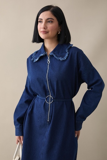 InStyle Rochie de blugi albastru închis cu semi-fermoar cu ciucuri
