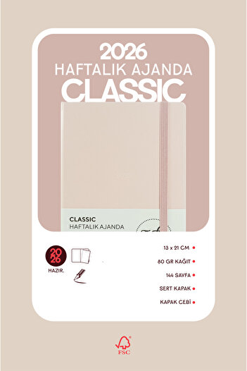 Victoria's Journals Classic 2026 Weekly Agenda 13X21 cm Hard Cover Ivory 100Gr.