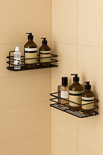 MultiStore 2 Pieces Bathroom Organizer - Adhesiveness, Shampoo Holder, Soap Dish Mat, Black Shower Hanger Rack