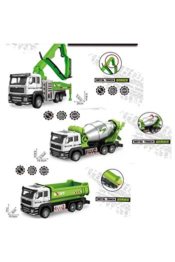 berattoys 20cm metal iş makinaları 3lü set beton pompası beton mikseri oyuncak kamyon iş araçları