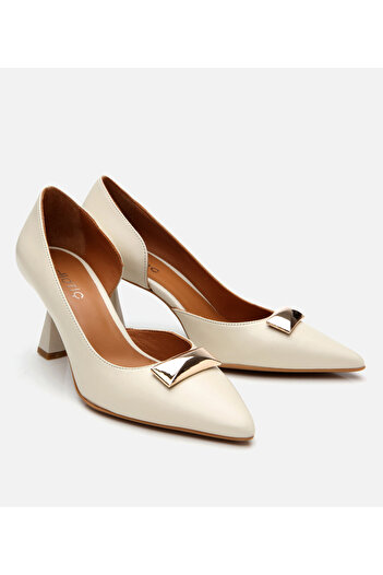 Hotiç Women's Leather Ecru Medium Heeled Stiletto