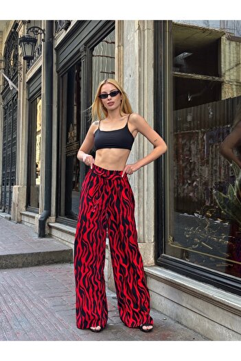 MAMAYAGA Women's High Waist Belted Patterned 100% Viscose Cotton Wide Leg Stylish Casual Large Size Curve Pants