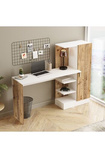 Yurudesign Laura Kitaplıklı Çalışma Masası, Çocuk Çalışma Masası Atlantik Çam Beyaz CT2-AW