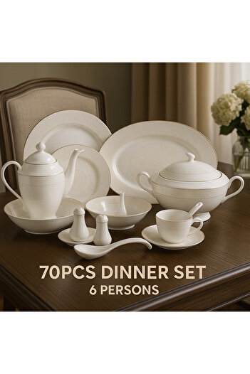 Dania 70-piece porcelain dinner set, white with gold lines, for 6 people
