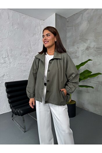 Elif Özbey Butik Khaki Oversize Stand Collar Trench Coat