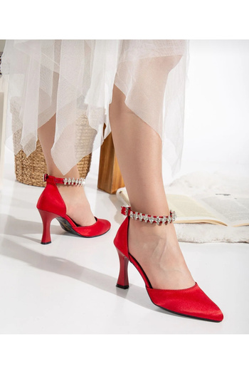 Felisya Butik Red Satin Short Heeled Evening Dress Shoes 9 Cm-Felisyabutik