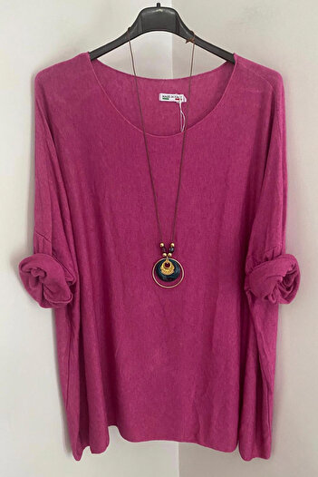 AYASOFYA OTANTIK Women's Italian Fuchsia Casual Oversized Round Neck Knitwear Blouse with Necklace Accessories