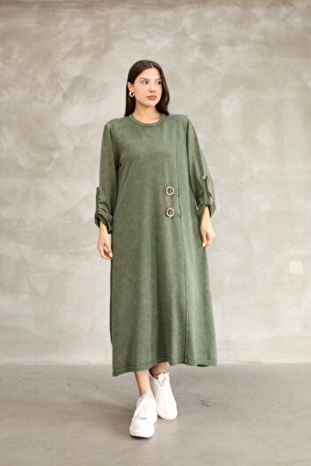 AYASOFYA OTANTIK Women's Khaki Buckle Detailed Long Sleeve Vintage Loose Cotton Knit Dress