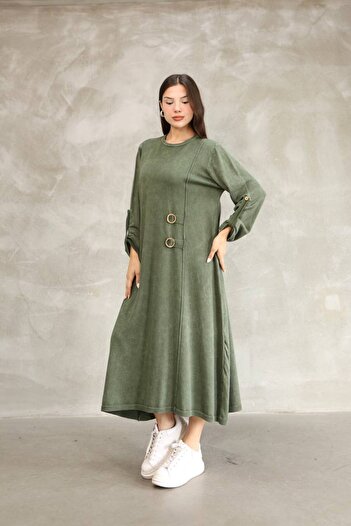 AYASOFYA OTANTIK Women's Khaki Buckle Detailed Long Sleeve Vintage Loose Cotton Knit Dress