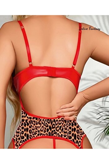İntive Lingerie Intive Fantasy Red Leopard Pattern Bustier with Garter Stockings Set