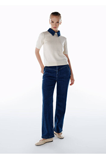 Knitss Denim Collar Detailed Knit Top Cream