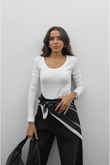 Havoş Ecru Wide Collar Ribbed Blouse