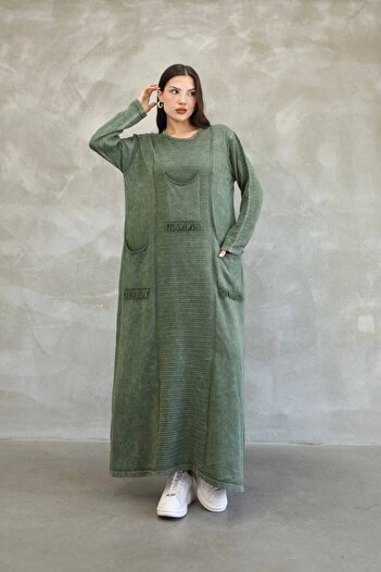 AYASOFYA OTANTIK Women's Khaki Bag Pocket Long Sleeve Vintage Detailed Loose Cotton Knit Long Dress