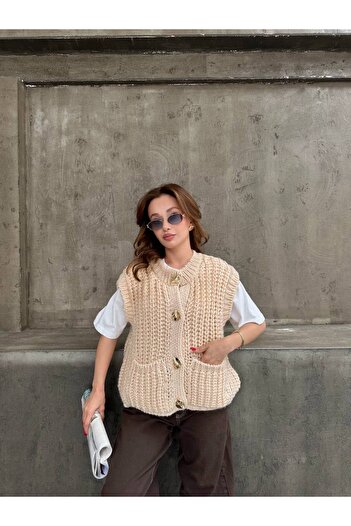 BOUQUET OF TULİP Gold Buttoned Thick Knitted Pocket Vest