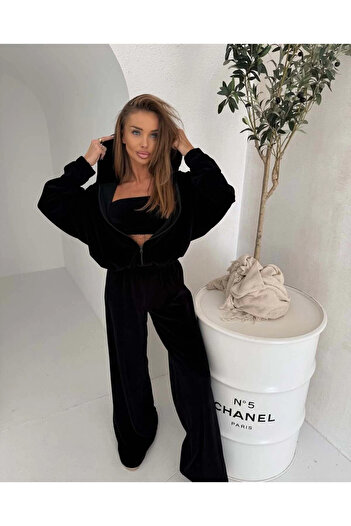 MetuCA Women's Black 3-Piece French Velvet Tracksuit Set Jacket, Strapless Top and Wide Leg Pants