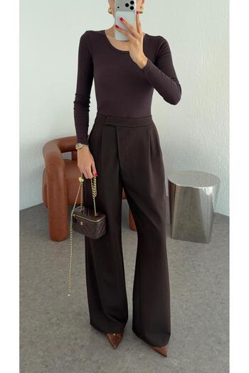HAZELANNA Brown Premium Pants with Crossed Belt