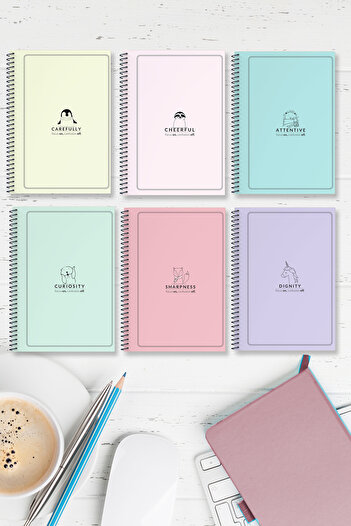 Kentsoylu Set of 6 Lined Spiral A5 Thick Cardboard Cover Pastel Series 96 Pages Notebook