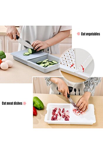 Generic A cutting board featuring an innovative design that combines a cutting board and a strainer basket to make washing and draining vegetables and fruits easy.
