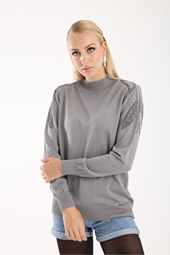 Moda Days Women's Gray Elite Viscose Fabric Stone Detailed Shoulder Half Turtleneck Knitwear Blouse