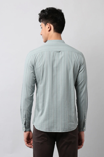 U.S. Polo Assn. Men's Green Vertical Stripe Fold Down Collar Tailored Fit Shirt