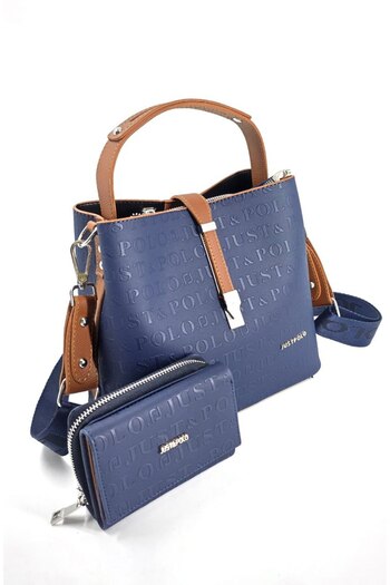 Just Polo Set of 2 Women's Dark Blue 5-Compartment Adjustable Long Strap Bag and Wallet Combination