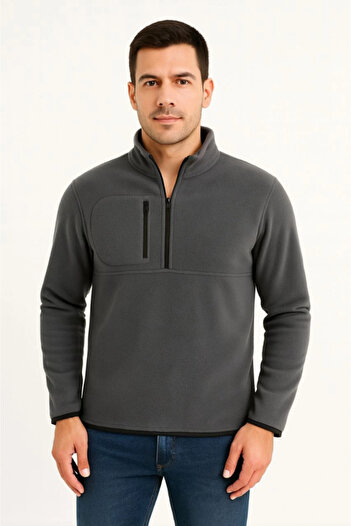 JANES Men's Fleece Sweater – Stand Collar, Half Zipper, Zippered Chest Pocket, Black Trim, Winter Comfortable
