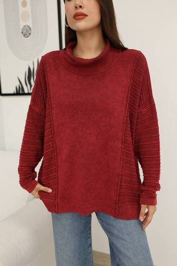 AYASOFYA OTANTIK Women's Burgundy Turtleneck Vintage Detailed Loose Oversize Cotton Knit Blouse Sweater
