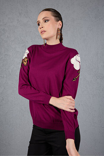 Moda Days Women's Plum Elite Viscose Fabric Stone Detailed Shoulders Half Turtleneck Knitwear Blouse