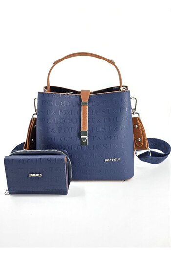 Just Polo Set of 2 Women's Dark Blue 5-Compartment Adjustable Long Strap Bag and Wallet Combination