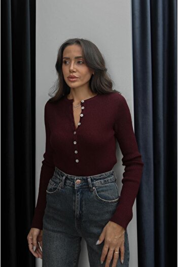 Havoş Burgundy Collar Buttoned Wool Sweater