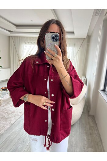 BE CHİC Women's Turn-Down Collar Three-Quarter Sleeve Buttoned Pocketed Drawstring Detail Casual Gabardine Shirt Jacket Md5000